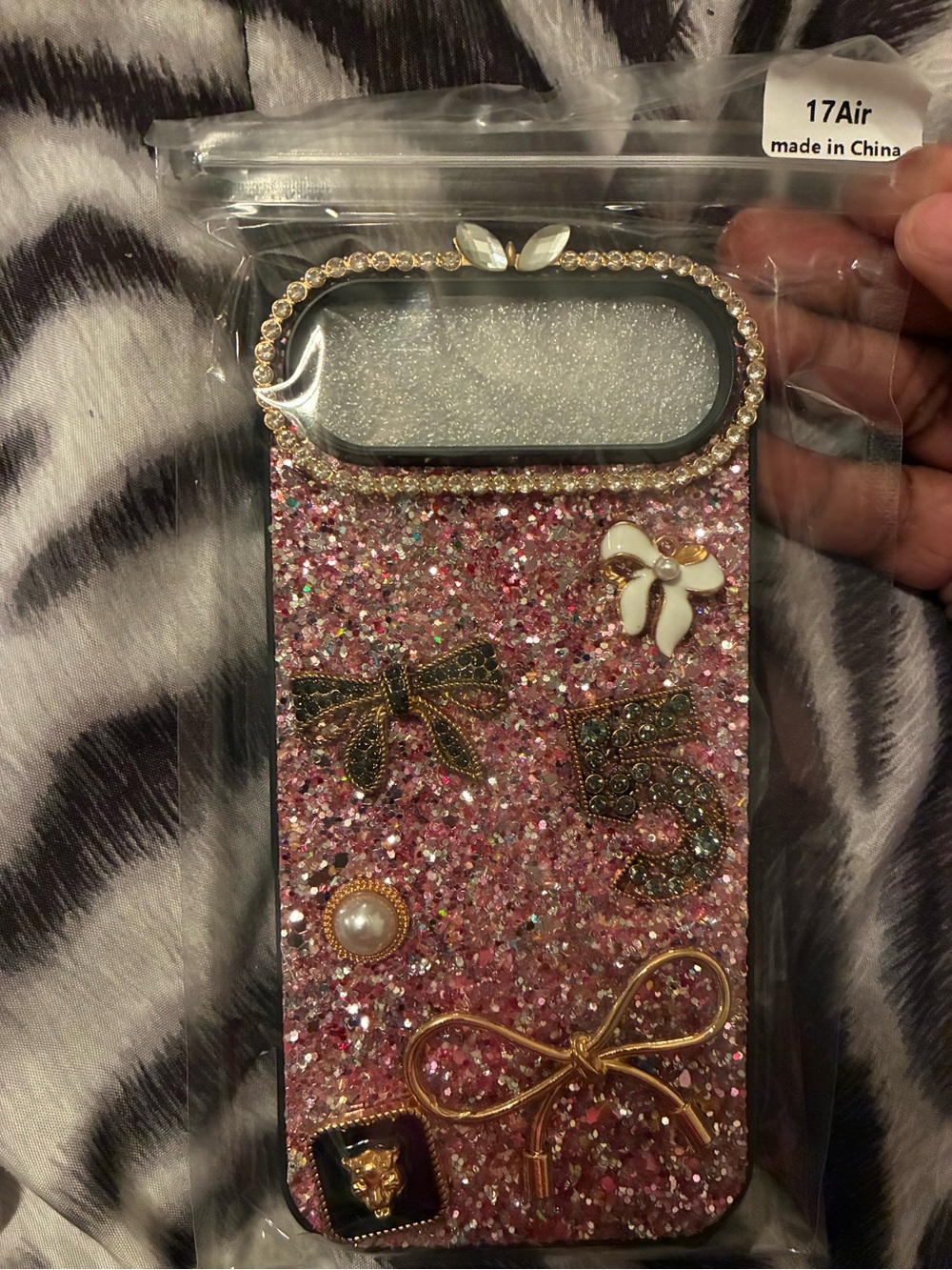 Pink Glitter Decorative Phone Case with Rhinestone Trim